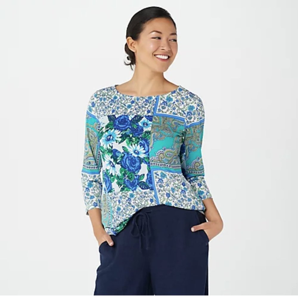 Susan Graver Printed Liquid Knit 3/4 Sleeve Bateau Neck Top